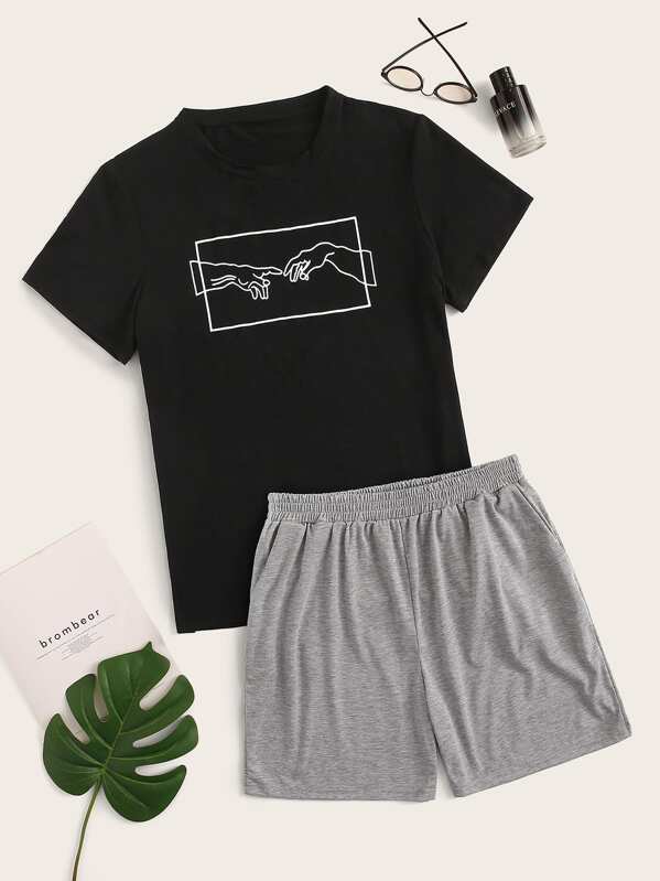 

Men Gesture Print Tee & Shorts PJ Sets, Multicolor