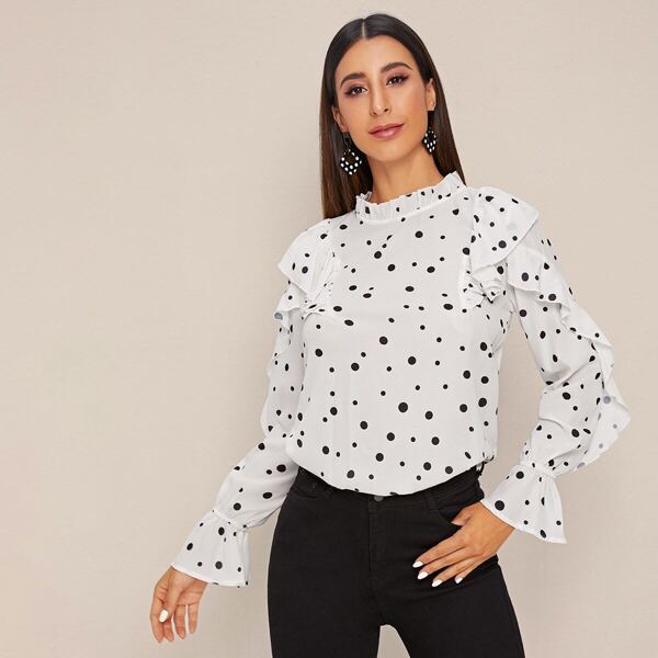 

Ruffle Trim Polka Dot Flounce Sleeve Blouse