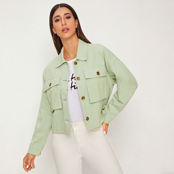 

Pocket Side Button Through Utility Jacket, Green
