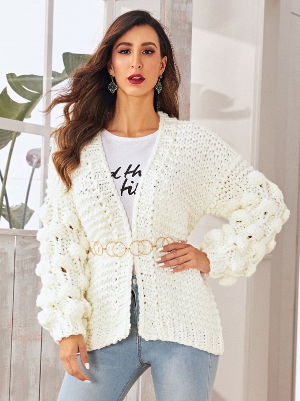 

Ball Shaped Lantern Sleeve Cardigan Without Belted, White, Gabe