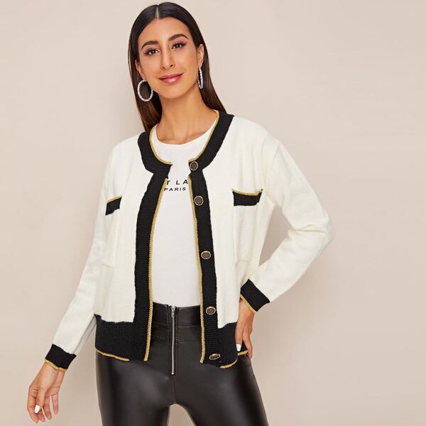 

Contrast Binding Button Through Cardigan, White