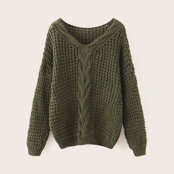 

Drop Shoulder Cable Knit Sweater, Army green