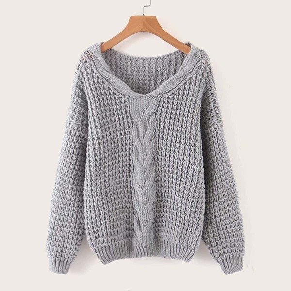 

Drop Shoulder Cable Knit Sweater, Grey