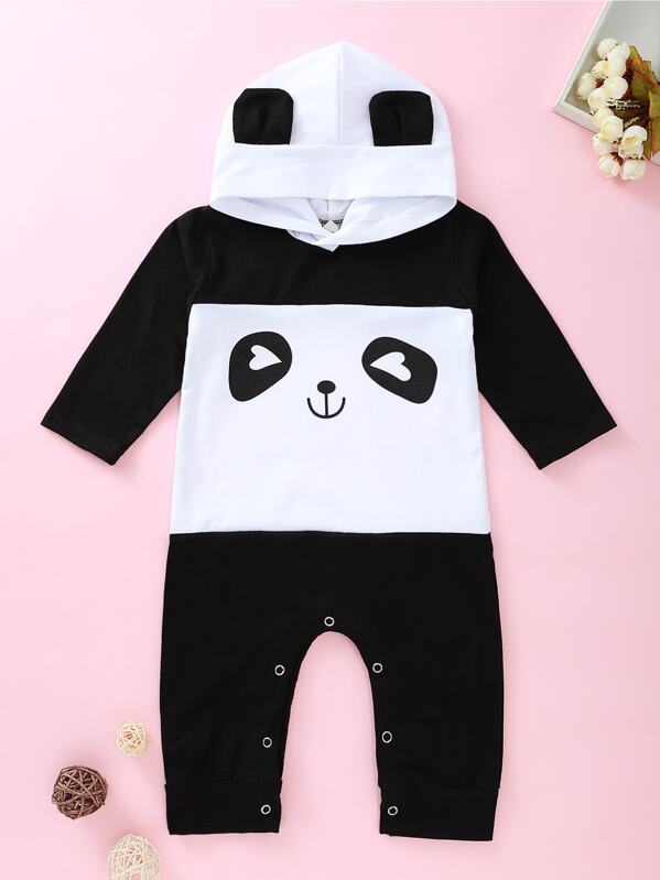 

Baby Boy Panda Graphic 3D Ears Design Romper, Black and white