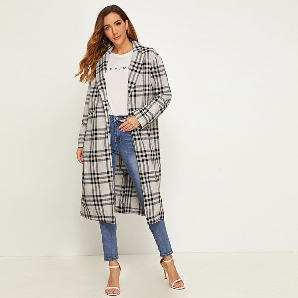 

Tartan Print Single Button Longline Outerwear