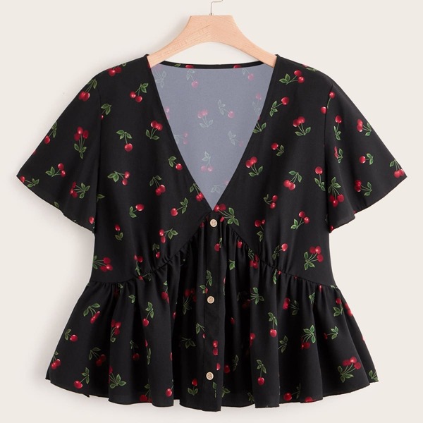 

Plus Cherry Print Button Front Peplum Blouse, Black