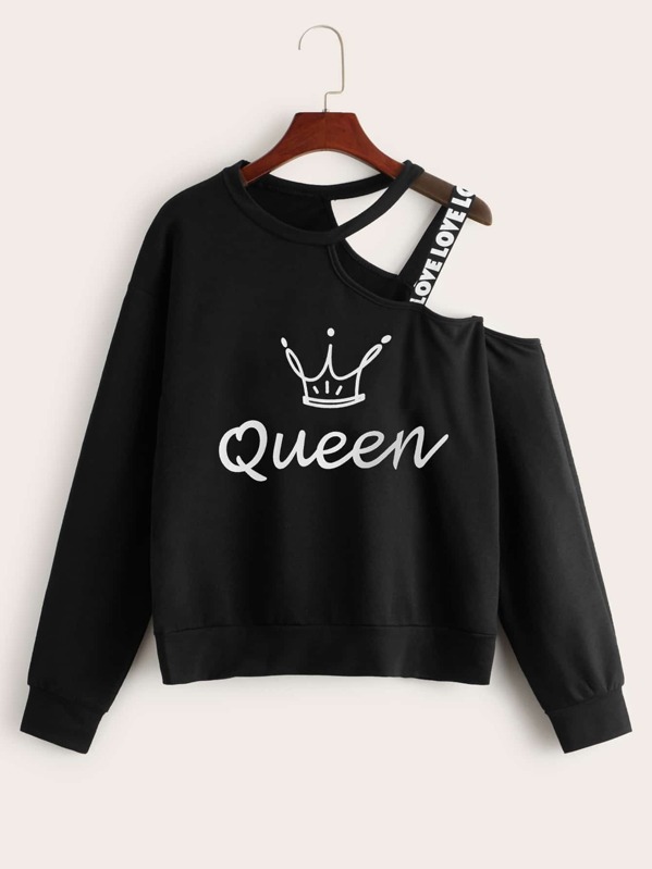 

Crown & Letter Print Tape Asymmetrical Neck Sweatshirt, Black