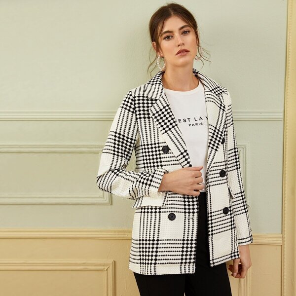 

Double Breasted Plaid Lapel Collar Blazer, Black and white