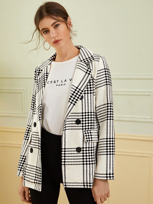 

Double Breasted Plaid Lapel Collar Blazer, Black and white, Mila
