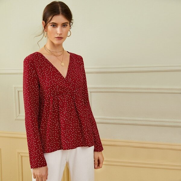 

V-neck Polka Dot Print Peplum Blouse