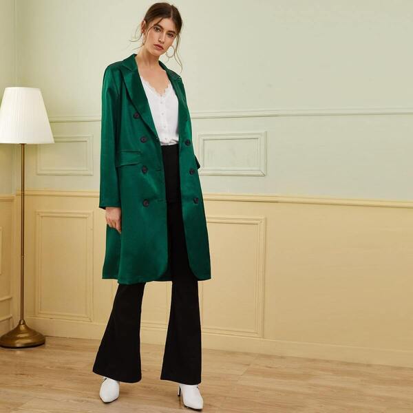 

Double Breasted Satin Flap Pocket Coat, Green