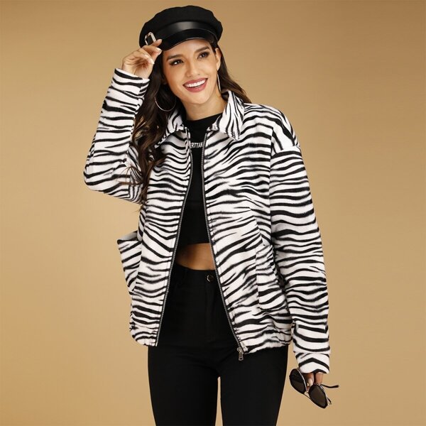 

Zebra Stripe Drop Shoulder Zipper Jacket, Black and white