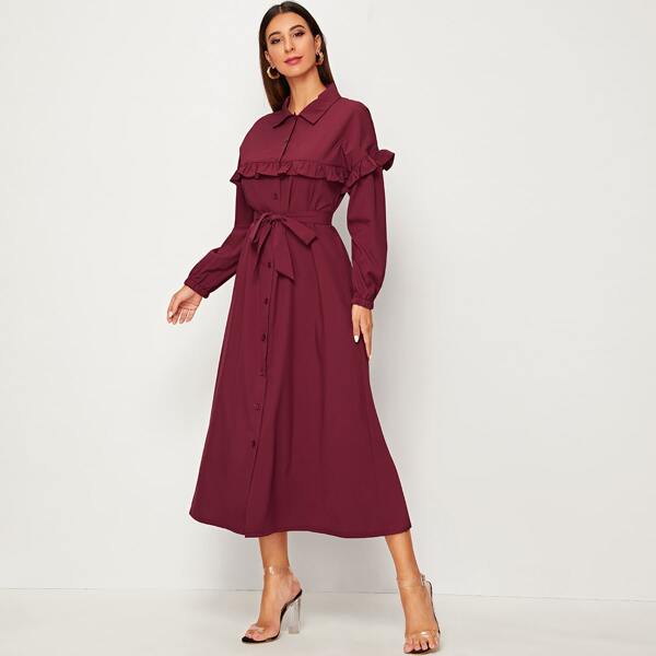 

Solid Frill Trim Belted Shirt Dress, Burgundy