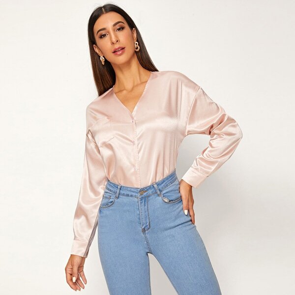 

Solid V-neck Button Through Satin Blouse