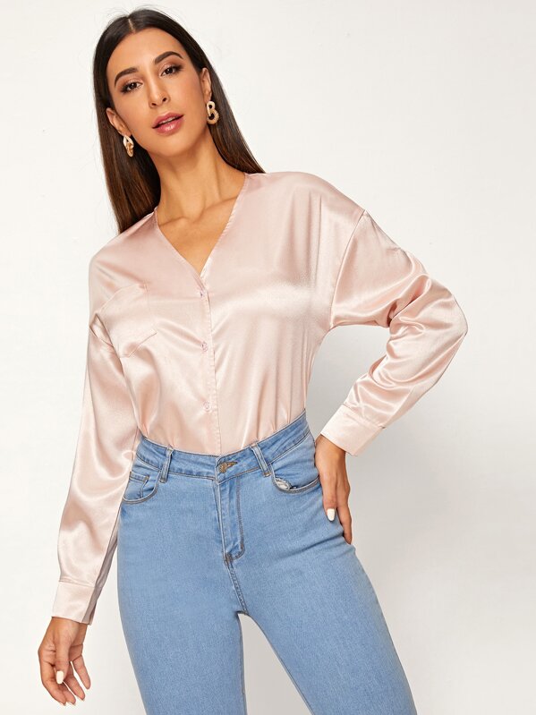

Solid V-neck Button Through Satin Blouse, Pink, Gabe