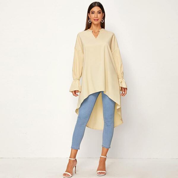 Solid Notch Neck High Low Hem Blouse