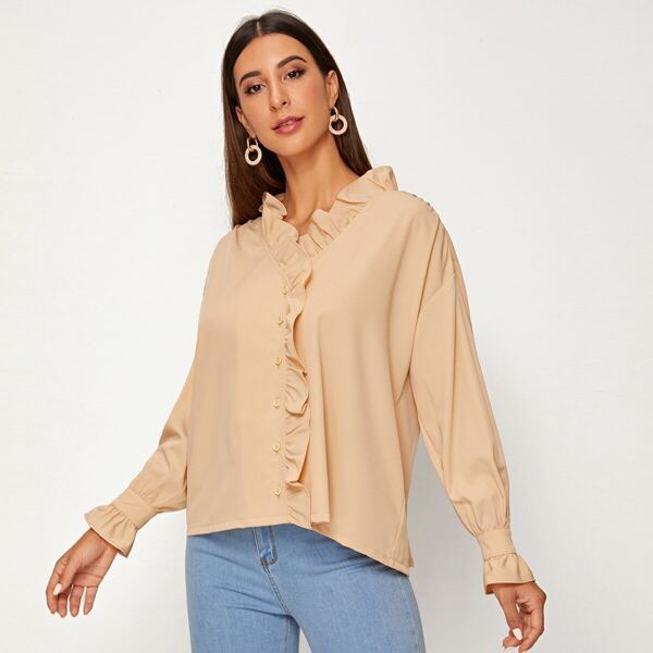 

Solid Ruffle Trim Button Through Blouse, Beige