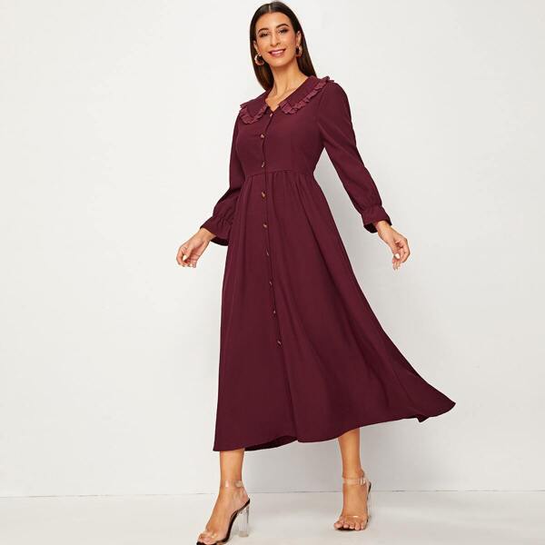 

Solid Peter Pan Collar Button Front Shirt Dress, Burgundy