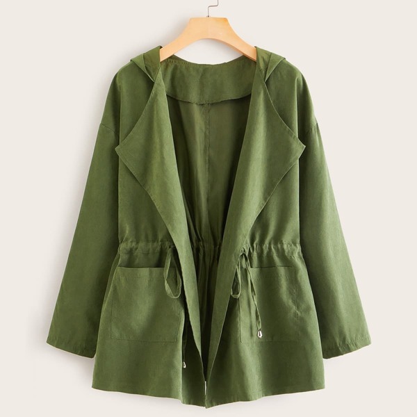 

Solid Drawstring Waist Hooded Trench Coat, Army green