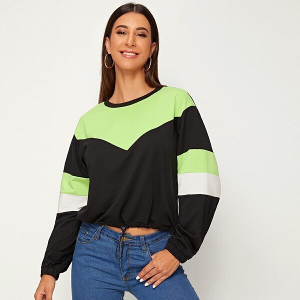 

Cut And Sew Panel Drawstring Hem Sweatshirt, Multicolor