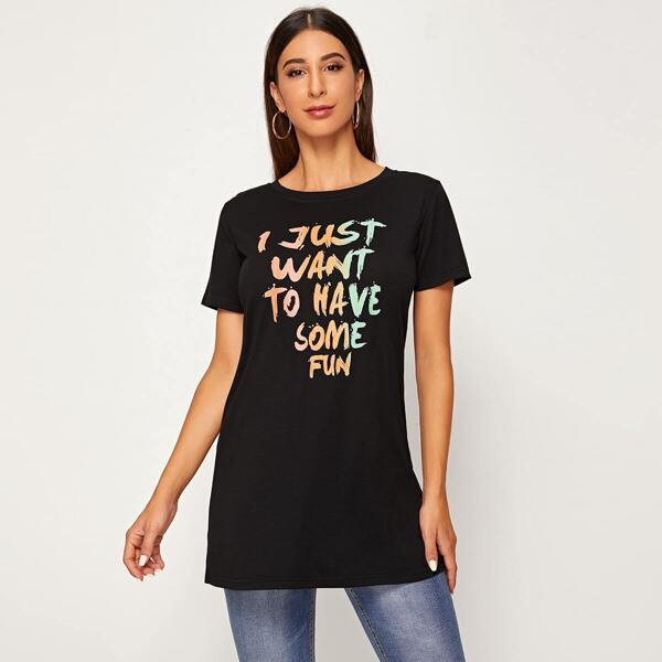 

Slogan Print Short Sleeve Longline Tee, Black