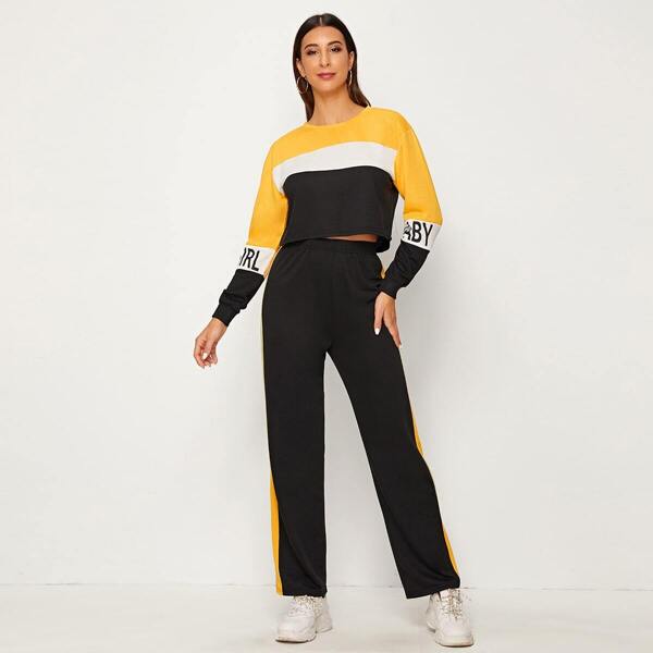 

Cut And Sew Panel Letter Print Sweatshirt & Sweatpants, Multicolor