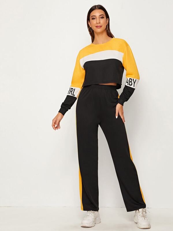

Cut And Sew Panel Letter Print Sweatshirt & Sweatpants, Multicolor, Gabe