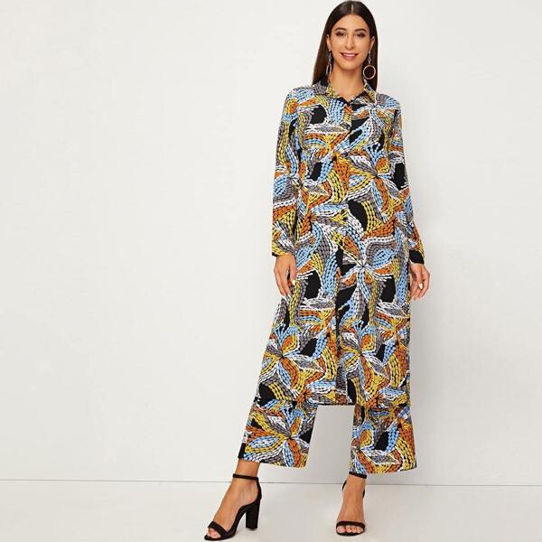 

Random Print Longline Blouse & Pants, Multicolor