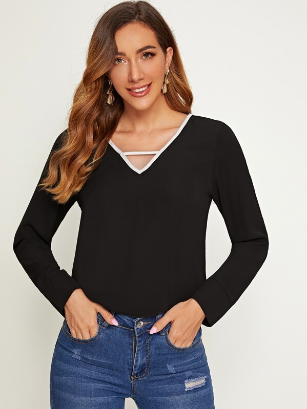 

Chiffon Contrast Binding Cut Out V-neck Blouse, Black, Denise