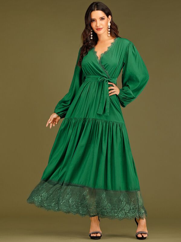 

Surplice Front Bishop Sleeve Lace Panel A-line Dress, Green, Juliana