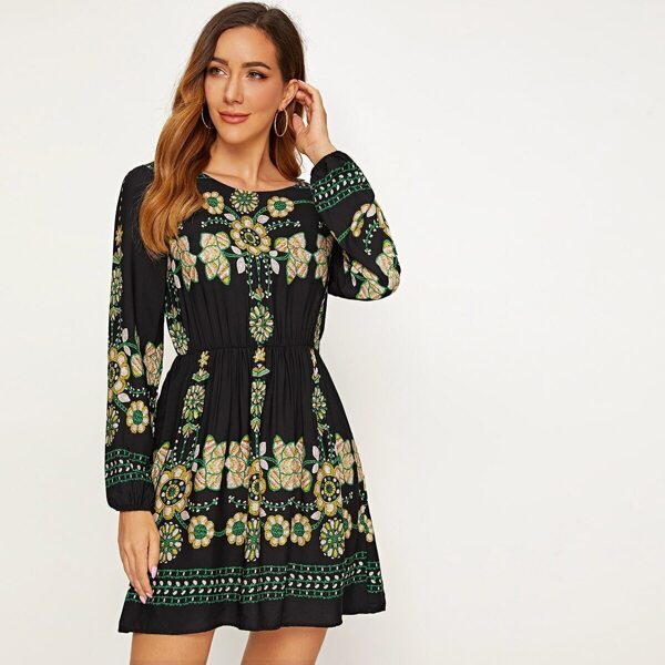 

Tribal Embroidery High Waist Swing A-line Dress, Multicolor