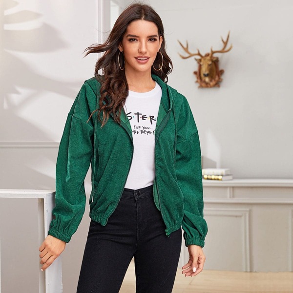 

Corduroy Zipper Drawstring Hooded Jacket, Green