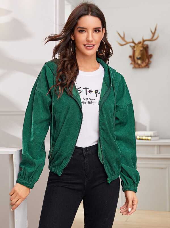 

Corduroy Zipper Drawstring Hooded Jacket, Green, Juliana