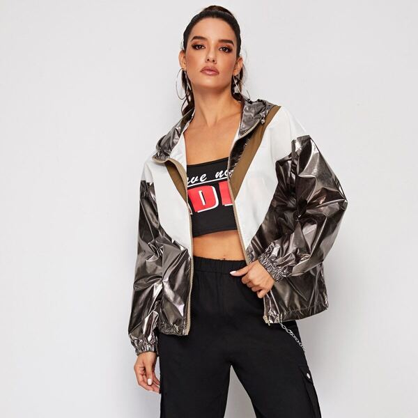 

Metallic Contrast Panel Zipper Hooded Jacket
