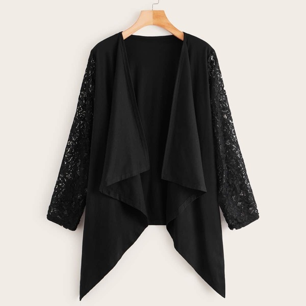 

Lace Panel Sleeve Asymmetrical Hem Coat