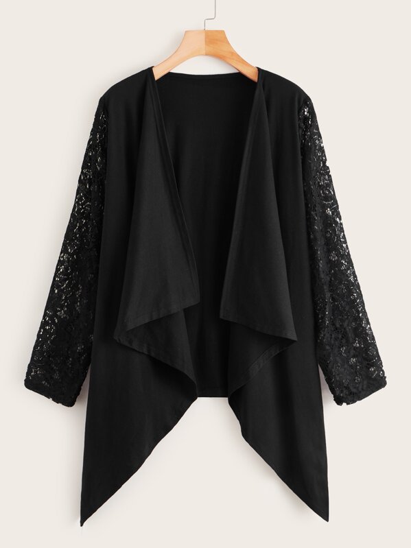 

Lace Panel Sleeve Asymmetrical Hem Coat, Black