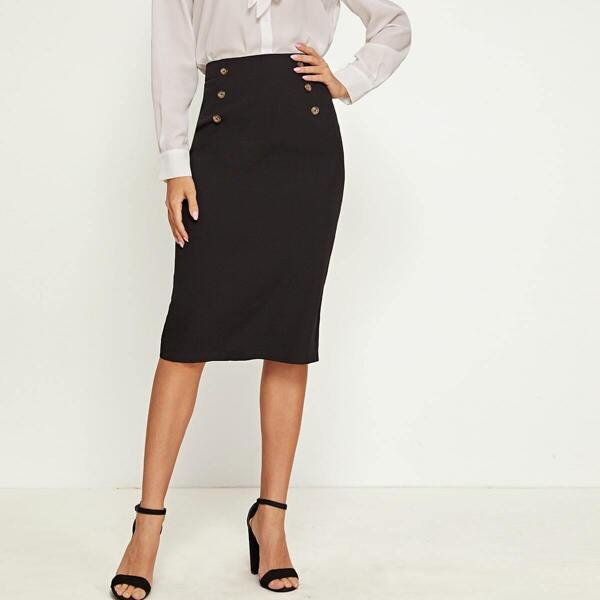 Double Breasted Split Back Skirt, Black