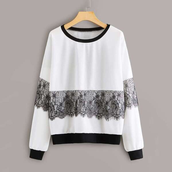 

Contrast Binding Lace Panel Sweatshirt, White