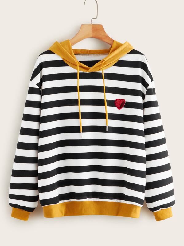 

Contrast Panel Heart Sequin Striped Hoodie, Multicolor