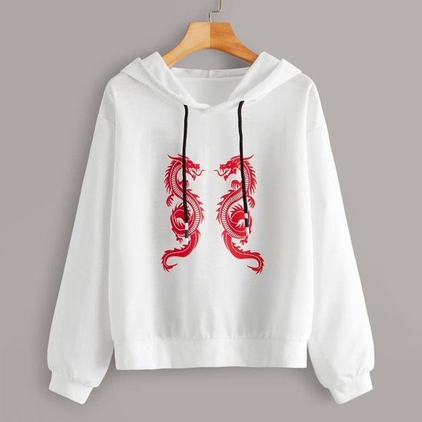 

Dragon Print Drawstring Hooded Sweatshirt, White