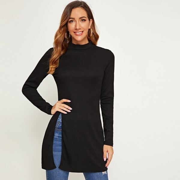 

Solid Mock Neck Split Hem Tee, Black