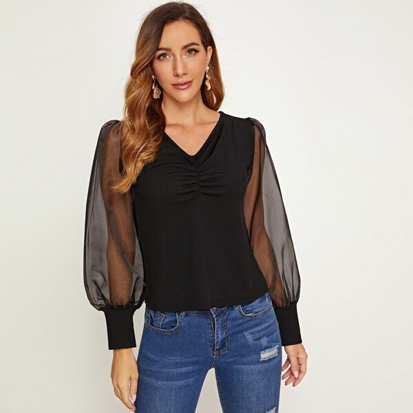 

Mesh Panel V Neck Ruched Front Tee, Black