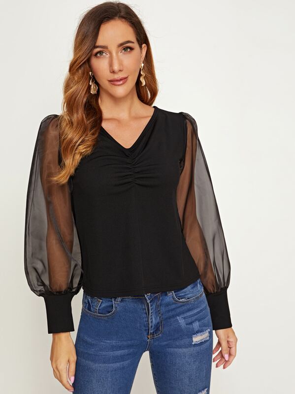 

Mesh Panel V Neck Ruched Front Tee, Black, Denise
