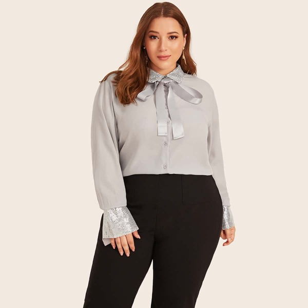 

Plus Contrast Sequins Tie Neck Chiffon Blouse, Grey