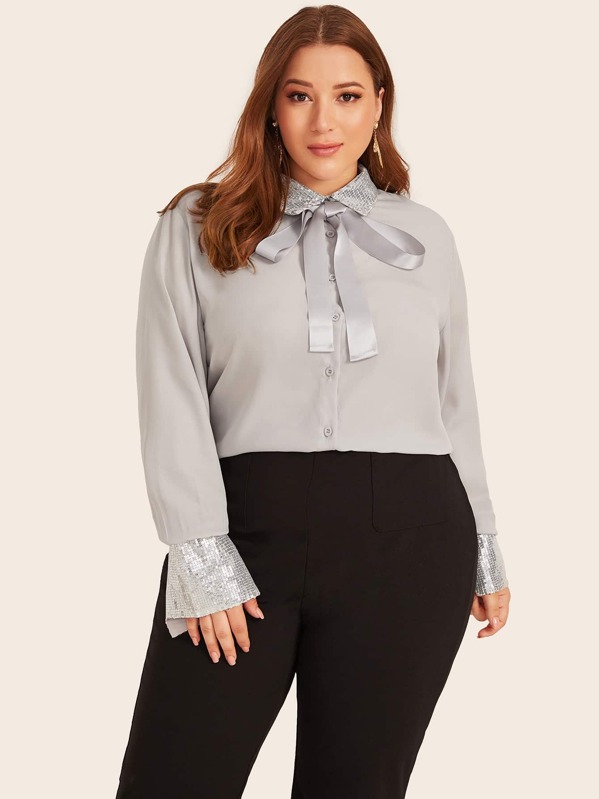 

Plus Contrast Sequins Tie Neck Chiffon Blouse, Grey, Ray