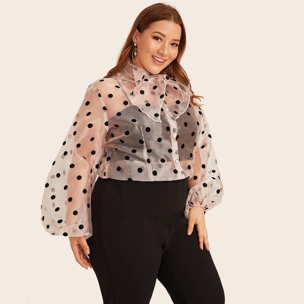 

Plus Polka Dot Tie Neck Sheer Chiffon Blouse, Pink