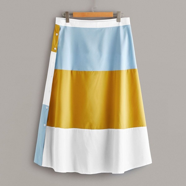 

Plus Button Side Cut And Sew Skirt, Multicolor