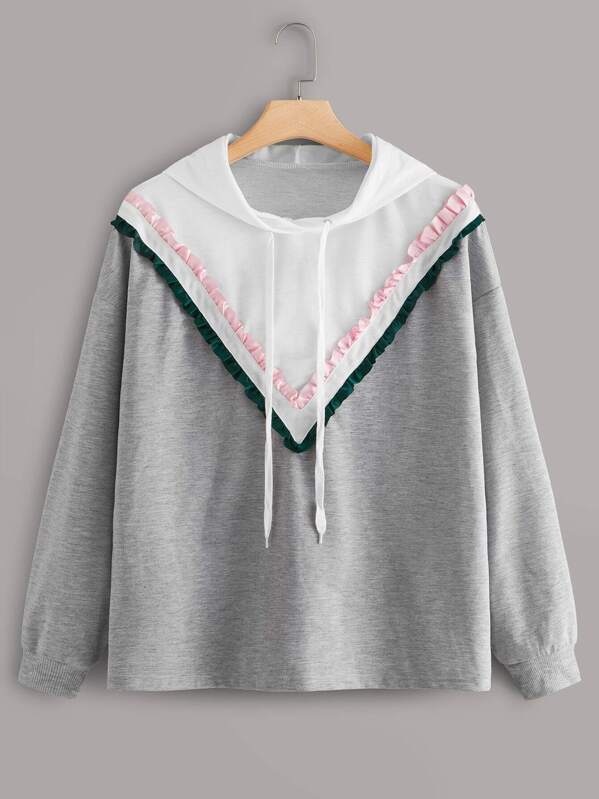 

Plus Colorblock Frill Trim Drawstring Hoodie, Grey