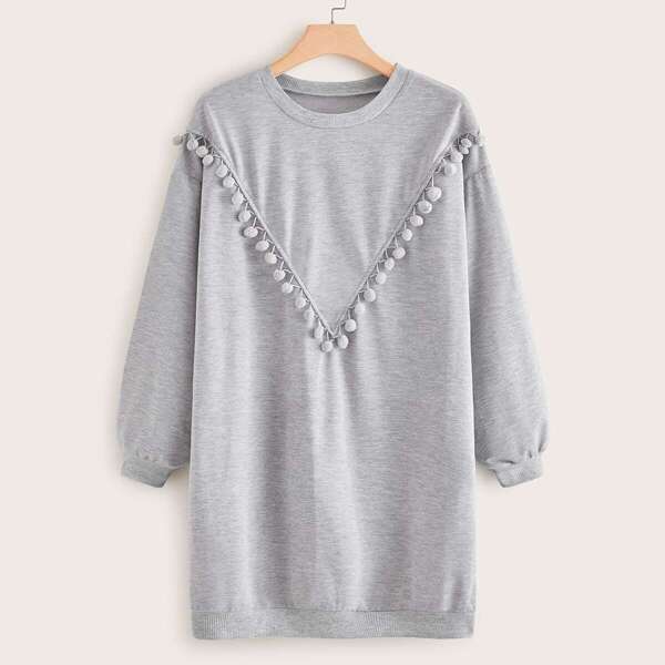 

Plus Pom Pom Detail Drop Shoulder Sweatshirt Dress, Grey