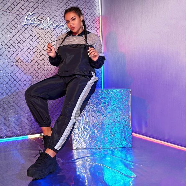 

Plus Contrast Fishnet Hooded Windbreaker Jacket & Pants, Black